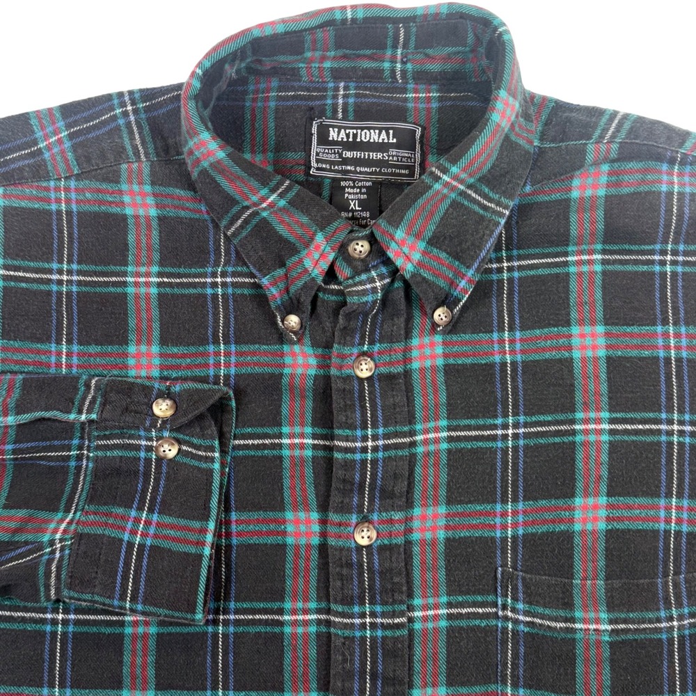National Outfitters Flannel‎ Shirt Mens XL Black Plaid Button Up Long Sleeve